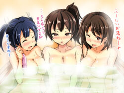 3girls blush breasts brown_eyes brown_hair gin'ichi_(akacia) hiryuu_(kantai_collection) kaga_(kantai_collection) kantai_collection large_breasts long_hair multiple_girls nude open_mouth partially_submerged personification short_hair side_ponytail smile souryuu_(kantai_collection) text tied_hair translated twintails rating:Questionable score:11 user:Miss_Vulf