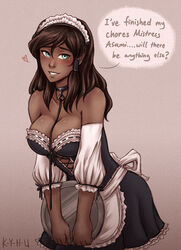 1girls avatar_the_last_airbender big_breasts blue_eyes blush bondage breasts brown_hair canon_couple choker cleavage clothing collar couple dark-skinned_female dark_skin detached_sleeves dialogue dominatrix dress english_text female femdom femsub frills happy_sub heart human k-y-h-u korra large_breasts leash long_hair maid maid_headdress maid_outfit maid_uniform slave slave_collar smile solo speech_bubble text the_legend_of_korra voluptuous rating:Safe score:539 user:chooped