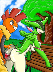  big_breasts breasts cum no_humans park_bench pink_eyes pokemon pokephilia red_penis scrafty smile triterra313 vagina vaginal_penetration virizion  rating:explicit score: user:triterra313