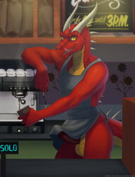 anthro apron bottomless coffee cup dragon drink erection holding horns indoors licking licking_lips looking_at_viewer lunalei male male_only mnementh open_eyes orange_skin penis red_dragon red_skin scalie sharp_teeth slit_pupils solo spikes standing steam tail testicles tongue yellow_eyes rating:Explicit score:8 user:bot