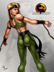 2d armband ass blonde_hair blue_eyes bondage chains earrings female female_only headband highres human lipstick looking_back mortal_kombat netherrealm_studios sash shackles skin_tight solo sonya_blade spandex tank_top wristband zabzarock rating:Safe score:70 user:orbitjewel