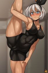 1girls abs bare_arms bare_legs bea_(pokemon) big_breasts blush clothed clothing color dark-skinned_female dark_skin embarrassed exercise female female_focus female_only game_freak grey_eyes grey_hair gym_leader hi_res jmg large_breasts leg_up looking_at_viewer muscular muscular_female nintendo nipples_visible_through_clothing pokemon pokemon_ss pokemon_trainer pussy_visible_through_clothes short_hair solo solo_female stretching sweat tagme thick_thighs rating:Explicit score:149 user:Gigiti