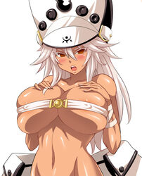 anime_style annoyed beltbra blonde_hair breasts busty cape creature dark-skinned_female dark_skin female female_only guilty_gear guilty_gear_xrd hat impossible_clothes konno_tohiro midriff orange_eyes pointy_chin ramlethal_valentine short_hair shorts solo white_eyelashes white_hair rating:Explicit score:118 user:bot