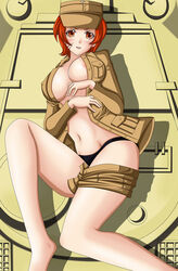 artemisumi black_panties blush breasts brown_eyes covered_nipples fei_(moe_moe_niji_taisen) female hat large_breasts looking_at_viewer lying military military_uniform moe_moe_niji_taisen navel nipples no_bra on_back open_clothes panties parted_lips red_hair scar short_hair shorts shorts_around_one_leg solo underwear uniform rating:Questionable score:22 user:Shaded_Cube