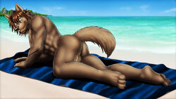 1boy abs anthro ass balls beach beard biceps canine dream_and_nightmare facial_hair fur furry goatee looking_at_viewer looking_back male male_only mammal muscles nude outside pinup pose sea seaside solo tattoo towel water wolf rating:Explicit score:5 user:bot