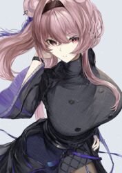  absurdres arknights black_dress black_hairband breasts commentary_request cowboy_shot dress female grey_background hairband hand_up highres huge_breasts kajuu lin_(arknights) long_hair long_sleeves looking_at_viewer purple_eyes solo standing  rating:safe score: user:bot