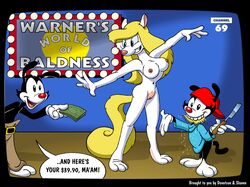 animaniacs anthro black_fur bottomless breasts color female fur furry interspecies male mammal minerva_mink mink money multiple_males mustelid nipples nude pussy red_nose standing tagme topless wakko_warner white_fur yakko_warner rating:Explicit score:2 user:bot