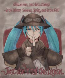  armor blue_eyes blue_hair english_text fallout:_new_vegas fallout_(series) finger_to_mouth fingerless_gloves gloves goggles goggles_on_headwear hatsune_miku helmet highres littleclevie new_california_republic one_eye_closed poster_(medium) propaganda twintails vocaloid  rating:questionable score: user:bot