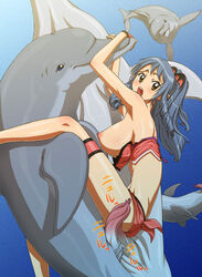 animal_genitalia breasts brown_eyes cetacean dolphin female feral grey_hair hair human interspecies japanese_text male mammal marine nipples open_mouth sea_story straight swimming swimsuit text toyomaru underwater video_games warin water zooerastia zoophilia rating:Explicit score:61 user:bot