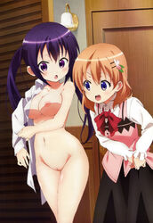 2girls :o absurdres blush breasts brown_hair cocoa_hoto female female_only gochuumon_wa_usagi_desu_ka? hair_ornament hairclip highres human innie_pussy is_the_order_a_rabbit? large_breasts long_hair megami multiple_females navel nipples nude nude_filter open_mouth photoshop purple_eyes purple_hair pussy rize_tedeza shirt short_hair sparkling_eyes thighs tied_hair twintails uncensored undressing waitress white_shirt yamada_yuukei rating:Explicit score:25 user:bot