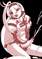 breasts clothed cum cum_on_floor cum_on_leg cumming ejaculation futa_sans_balls futanari guilty_gear millia_rage monochrome nipple_bulge nipples_visible_through_clothing rating:Explicit score:5 user:bot