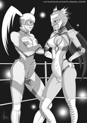 2014 2futas 2girls boots breasts bulge cameltail capcom cleavage crossed_arms crossover futa_on_futa futa_only futanari hands_on_hips human intersex jaycee julia_chang large_breasts leotard mask monochrome namco oo_sebastian_oo rainbow_mika smile standing street_fighter tekken wrestling wrestling_ring rating:Questionable score:27 user:VladSeville