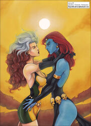  2girls beige_skin blue_skin breasts brown_hair busty cleavage comic comic_cover embrace female large_breasts lipstick marvel mother_and_daughter mystique red_hair rogue_(x-men) silver_hair sun two_tone_hair voluptuous vp vp1940 white_hair x-men  rating:safe score: user:futafan59