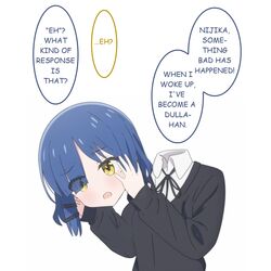  ai-generated black_jacket blue_hair bocchi_the_rock! chinese_commentary commentary_request disembodied_head dullahan english_text female hair_ornament hairclip hands_on_own_cheeks hands_on_own_face jacket jbxpism shirt simple_background solo speech_bubble white_background white_shirt yamada_ryo yellow_eyes  rating:questionable score: user:bot