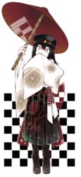  akitsu_maru_(kancolle) alternate_costume black_hair boots brown_eyes commentary_request covering_own_mouth female hat japanese_clothes kantai_collection kimono long_hair mato_tsuyoi oil-paper_umbrella smile solo umbrella  rating:safe score: user:bot