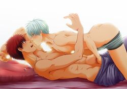 2boys abs ass bed blue_hair gay kagami_taiga kuroko_no_basuke kuroko_tetsuya male male_only multiple_males open_clothes open_mouth red_hair topless white_background yaoi rating:Explicit score:40 user:bot