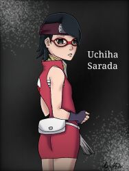  1female ass ass_visible_through_clothes ass_visible_through_thighs bandana bandana_on_neck bangs black_eyes black_hair boruto:_naruto_next_generations clothed clothed_female clothing confused confused_look curvy curvy_body curvy_female curvy_figure dark_background dress english_text female female_focus female_human female_only from_behind girl glasses gloved_hands gloves headband human human_female maristea medium_ass naruto naruto_(series) nice_ass plump plump_ass plump_butt purse red_dress red_glasses sarada_uchiha short_black_hair short_hair signature simple_background small_breasts text tight_clothes tight_clothing uchiha_sarada uchiha_symbol  rating:explicit score: user:bot