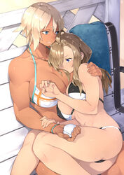 2girls abs ass bench bikini blonde_hair blue_eyes breasts cleavage color crying dark-skinned_female dark_skin female female_only hair hand_on_another's_shoulder hand_on_shoulder happy_tears large_breasts long_hair marriage_proposal muscular_female original sela_(sela_god) sela_god short_hair sitting tears tears_of_joy toned toned_female ursula_(sela_god) wedding_ring wholesome wife_and_wife yuri rating:Questionable score:242 user:chooped