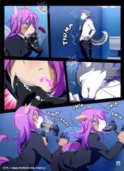 2014 anthro black_penis canine clothed clothing comic english_text equine erection hair horse male male_only mammal open_mouth oral oral_sex page_7 page_number penis pink_hair sex text tokifuji tongue rating:Explicit score:27 user:bot