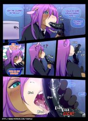 2014 anthro black_penis clothed clothing comic english_text equine erection hair horse male male_only mammal open_mouth oral oral_sex page_6 page_number penis pink_hair sex text tokifuji tongue rating:Explicit score:26 user:bot