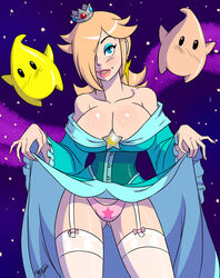 aeolus06 breasts cleavage dress female human lipstick luma mario_(series) nintendo one_eye_covered panties princess princess_rosalina print_panties skirt_lift smile space stars stockings super_mario_galaxy tiara upskirt rating:Questionable score:96 user:Freezer88