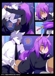 2014 anthro ass ass_grab black_nose blue_eyes blush canine clothed clothing comic english_text equine erection furry hair horse long_hair male male_only mammal multiple_males page_18 page_number penis pink_hair text tokifuji yaoi rating:Explicit score:26 user:bot