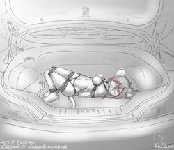 abduction anthro anthro_only arms_behind_back bondage bound bound_ankles bound_arms bound_legs breast_bondage car car_trunk cleasach cleave_gag female foxxian fur furry gag gagged in_trunk kidnapping mammal monochrome mouse no_humans panties procyonid rodent rope tail underwear rating:Questionable score:9 user:bot