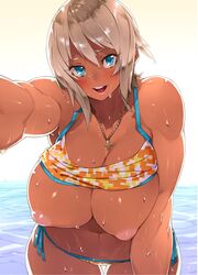 1girls big_breasts bikini bikini_lift blue_eyes blush breasts cleavage dark-skinned_female dark_skin female inverted_nipples large_breasts looking_at_viewer muscular_female necklace original pov sela_(sela_god) sela_god self silver_hair smiling solo swimsuit rating:Questionable score:82 user:Kobold