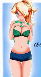 blush bra ediiee female female_only human mario_(series) nintendo princess_rosalina shirt_lift short_shorts solo tanlines rating:Questionable score:83 user:Freezer88