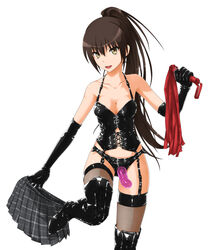 bare_shoulders black_hair bondage boots breasts brown_eyes cleavage dildo dominatrix elbow_gloves female fishnet_legwear fishnets garter_straps gloves high_heel_boots high_heels latex latex_gloves leather long_hair long_ponytail looking_at_viewer nm_(tshell2761) original plaid_skirt ponytail presenting_strap-on simple_background skirt skirt_removed smile solo strap-on thigh_boots thighhighs tied_hair whip white_background rating:Questionable score:172 user:Miss_Vulf