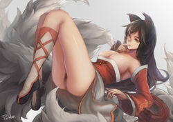 1girls ahri animal_ears anus ass bare_shoulders black_hair breasts cleavage color detached_sleeves facial_mark female female_only finger_in_mouth fox_ears fox_tail fur furry_tail highres humanoid knees_up league_of_legends long_hair looking_at_viewer multi_tail multiple_tails no_panties pandea pandea_work pubic_hair pussy sky_of_morika solo tail whisker_markings rating:Explicit score:101 user:Shaded_Cube