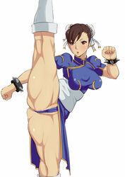 blush boots bracelet breasts brown_eyes brown_hair bun_cover capcom china_dress chinese_clothes chun-li dangorou_(yushi-art) female female_only flexible hair_bun human jewelry knees large_breasts leg_up legs muscle muscular_female pubic_hair side_slit solo spiked_bracelet spikes spread_legs street_fighter thick_thighs thighs rating:Questionable score:42 user:Miss_Vulf