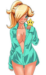 blonde_hair blue_eyes blush bottomless cleavage ediiee female female_only human mario_(series) nintendo open_clothes open_shirt ponytail princess_rosalina shirt solo tied_hair rating:Questionable score:49 user:Freezer88