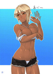 1girls abs bare_shoulders blonde_hair blush bracelet breast_hold breasts cleavage cutoffs dark-skinned_female dark_skin denim denim_shorts female highres jewelry large_breasts lowleg midriff muscular_female nail nail_polish navel necklace off_shoulder open_clothes orange_eyes original panties sela_(sela_god) sela_god shiny shiny_skin short_hair short_shorts shorts solo sports_bra standing sweat tan_skin text topless translated underwear undressing unzipped white_panties rating:Questionable score:111 user:Miss_Vulf