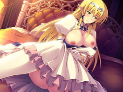 angelica_rothschild areolae bed blonde_hair blush breasts censored dress elbow_gloves elf embarrassed female game_cg green_eyes highres himekishi_angelica ishigaki_takashi large_breasts legs long_hair looking_away nipples no_panties pointy_ears pussy sitting solo spread_legs thighs white_legwear rating:Explicit score:16 user:bot