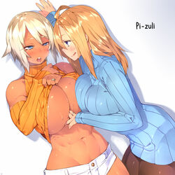 2girls abs blonde_hair blue_eyes blush breasts brown_hair cleavage dark-skinned_female dark_skin drooling female hair large_breasts muscular_female navel open_mouth original sela_(sela_god) sela_god short_hair shorts smile sweat sweatdrop sweater turtleneck underboob ursula_(sela_god) yuri rating:Questionable score:168 user:chooped