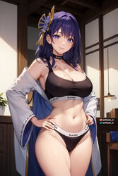 1girls ai_generated asian_female big_breasts blacked blacked_clothing confident_smile female female_focus female_only genshin_impact goddess hand_on_hip hoyoverse light-skinned_female light_skin looking_at_viewer mihoyo purple_eyes purple_hair raiden_shogun samsara_ai solo rating:Questionable score:175 user:markivus