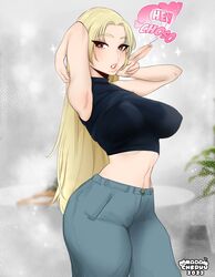 1girls blonde_hair brown_eyes clothing dialogue english_text female female_only hi_res jujutsu_kaisen long_hair looking_at_viewer nadacheruulewd solo talking_to_viewer text thick_thighs yuki_tsukumo rating:Safe score:112 user:BlueVertig0