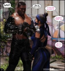 1boy1girl 3d abs asian asian_female ass background bandana bare_back belt big_ass bulge bulge_through_clothing camouflage camouflage_pants chains comic comic_page confused dark-skinned_male darklord dialogue edenian elbow_gloves gloves graffiti hair_bun hips jax_briggs kitana looking_at_partner masked masked_female metal_arm mortal_kombat mortal_kombat_11 princess robotic_arm royalty tied_hair tight_clothing rating:Explicit score:10 user:ElianV