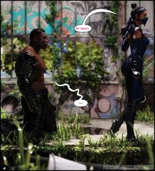 1boy1girl 3d asian asian_female ass background bandana bare_back belt bulge bulge_through_clothing camouflage camouflage_pants comic comic_page confused dark-skinned_male darklord dialogue edenian elbow_gloves gloves graffiti grass hair_bun heels jax_briggs kitana looking_at_another masked masked_female metal_arm mortal_kombat mortal_kombat_11 on_knees princess robotic_arm royalty tied_hair tight_clothing rating:Explicit score:7 user:ElianV