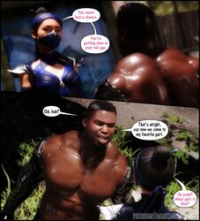 1boy1girl asian asian_female bandana comic comic_page dark-skinned_male darklord dialogue edenian forest forest_background graffiti hair_bun jax_briggs kitana looking_at_partner masked masked_female metal_arm mortal_kombat mortal_kombat_11 princess robotic_arm royalty shoulder_armor smile tied_hair rating:Explicit score:7 user:ElianV