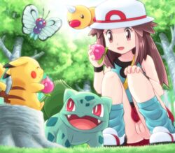 1boy 1girls ^_^ ambiguous_gender berry bottomless brown_eyes brown_hair bulbasaur butterfree closed_eyes eating fangs female grass hat human human_only innie_pussy leaf_(pokemon) long_hair loose_socks nintendo no_panties open_mouth pikachu pokémon_(species) pokemoa pokemon pokemon_rgby pussy red_eyes sitting soara socks squatting tree tree_stump weedle wristband rating:Explicit score:93 user:bot