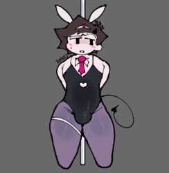 1boy big_thighs bulge bunnysuit clothed clothing cosplay crossdressing dani_(danielito) danielito demon demon_boy demon_horns demon_tail ear erection erection_under_clothes femboy gray_background light-skinned_male male_only nervous pantyhose rabbit_ears rabbit_hole_(vocaloid) simple_background rating:Explicit score:32 user:KilerTheDemon