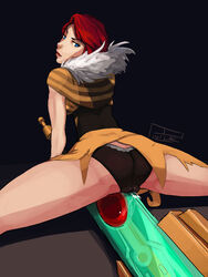 black_panties blue_eyes cameltoe clothed dress female from_behind frottage grinding panties polyle pussy_juice red_(transistor) red_hair solo spread_legs sword transistor_(game) weapon rating:Questionable score:99 user:ForeverAnon