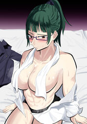 1girls abs almost_naked bed bed_sheet big_breasts blunt_bangs blush breasts clothes_removed convenient_censoring female gigigi glasses green_hair highres huge_breasts jujutsu_kaisen large_breasts looking_at_viewer mostly_nude no_bra open_clothes open_shirt ponytail shirt sitting sitting_on_bed solo toned toned_female topless towel towel_around_neck yellow_eyes zenin_maki rating:Questionable score:36 user:Foreverpain