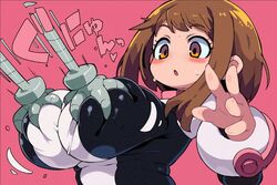 blush bodysuit boku_no_hero_academia breast_grab breast_squeeze breasts brown_eyes brown_hair groping_breasts hero_outfit_(mha) huge_breasts japanese_text my_hero_academia ochako_uraraka squeezing_breast surprised sweatdrop zankuro rating:Explicit score:123 user:jaccaj