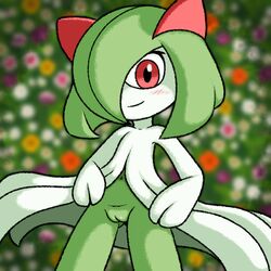 2024 blurred_background blush female flashing flower generation_3_pokemon genitals kirlia looking_at_viewer nintendo nude plant pokemon pokemon_(species) pussy scarr_(artist) smile solo standing rating:Explicit score:15 user:bot