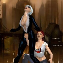 2girls 3d alstair2 black_cat_(marvel) cooch crotch cuntbusting felicia_hardy female female_only human human_only lowblow marvel mary_jane_watson spider-man_(series) spider-man_crop_top themed_clothes yuri rating:Explicit score:9 user:Alstair2Arc