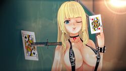 1girls areola_slip bleached bleached_clothing blonde_hair blue_eyes bracelet choker earrings nipples nipples_visible_through_clothing original_character queen_of_hearts string_bikini tongue_out rating:Explicit score:43 user:ShinjiIRL