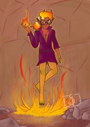  1girls adorable cass_(sunnyloves) clothed elemental_humanoid feet female fire fire_elemental fire_genasi fire_hair genasi glasses oc red_skin sunnyloves thighs  rating:questionable score: user:sunnyloves